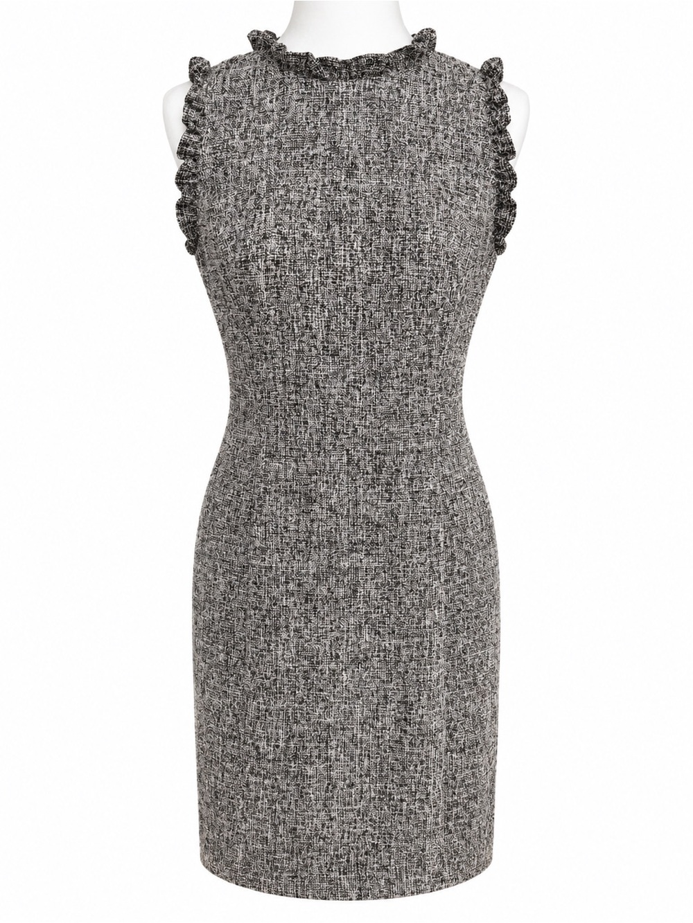 LOFT Gray Black Tweed Ruffle Neck Sleeveless Sheath Dress Size 2
